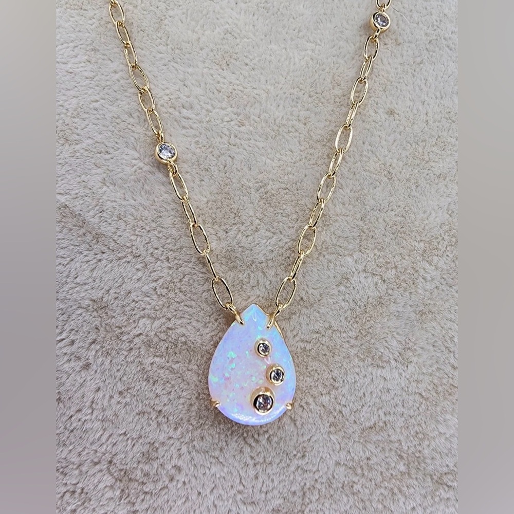 Anthropologie TAI Gold Necklace with Opalite Teardrop Pendant NWT